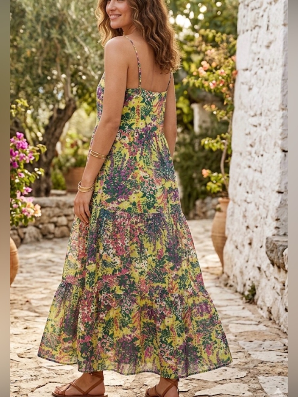 Banjanan 100% Cotton Green Violet Floral Tiered Maxi Dress S Gardencore New!